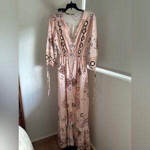 NWT Hozoely maxi dress, large size, V-neck, pink with geometric figure print.